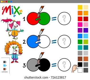 Cartoon Vector Illustration of Mixing Colors Educational Game for Children with Funny Clown Characters