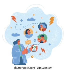 Cartoon Vektorgrafik des mobilen Botenkonzepts. Junge Menschen, die Mobiltelefone zum SMS- und Telefonieren über das Internet benutzen.