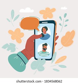 Cartoon vector illustration of Mobile phone chat message notifications, hand with smartphone and chatting bubble speeches, concept of online talking, speak, conversation, dialog.