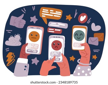 Cartoon vector illustration of Mobile Phone Hand holding smartphone. Smartphone with emotion faces on it over dark background