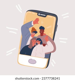 Dibujo vectorial de dibujos animados de teléfonos móviles con niños y niñas felices mostrándose en pantalla. Amigos posando para selfie, grupo de personas alegres fotografiándose a sí mismos.