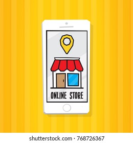 Cartoon vector illustration of a mobile phone. Online mobile store on smartphone screen. Marketing concept.