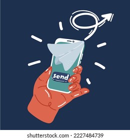 Cartoon vector illustration of Mobile Send the paper over dark background