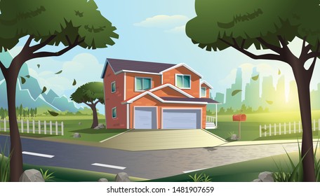 Cartoon vector illustration modern cottage house among trees in the green countryside field outside of the town.