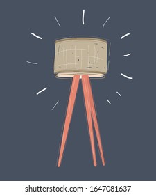 Cartoon vector illustration of modern floor lamp light tripod with lampshade on dark background.