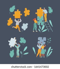 Cartoon vector illustration of modern persons, business solution concept. Man and Woman characters connecting puzzle pieces. Human characters on dark background.
