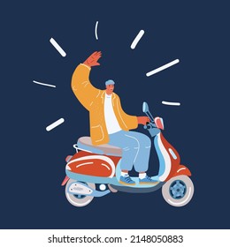 Cartoon vector illustration of modern scooter. Man riding moped over dark backround