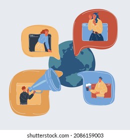 Cartoon vector illustration of Modern social media, world globe. People make conversation online. Media networking service concept