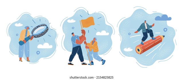 Cartoon vector illustration of modern startup concept. Woman with magnifying glass, searching concept, achieving the goal, man fly on big pensil, creativity