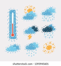 Cartoon vector illustration of Modern weather icons set. Symbols on dark background. Funny hand drawn picture. Objects on white. Thunderstorm, snow, hail, moon, cloudy, rain, clear thermometer.