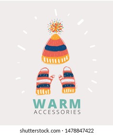Cartoon vector illustration of Modern winter knitted beanie hat with pompon, scarf, mittens on white background.