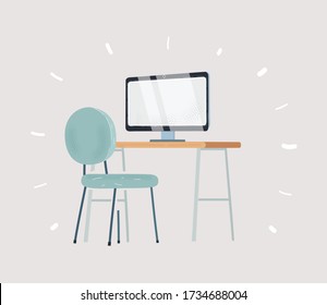 Cartoon vector illustration of modern workspace with work table, designer chair. Empty Workspace on white isolated background.