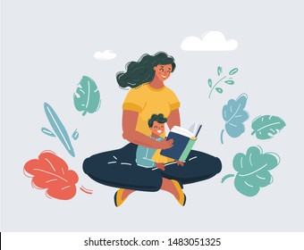 Cartoon vector illustration of Mom reading for little son. Family characters get together. White isolated background.