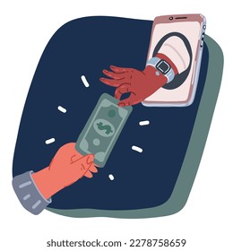 Cartoon vector illustration of money transfer. Hands of people holds phones and send money each other over dark background