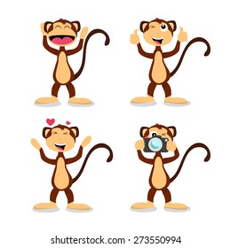 A cartoon vector illustration of a monkey in four different positive emotions: laughing, thumbs up, loving it and taking a photograph with a camera. 