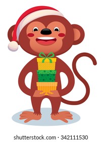 Cartoon vector illustration of a monkey with a New Year's gifts isolated on a white background