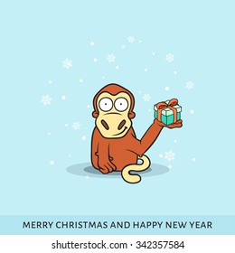 Cartoon vector illustration of a monkey with a New Year's gifts  on blue background. 