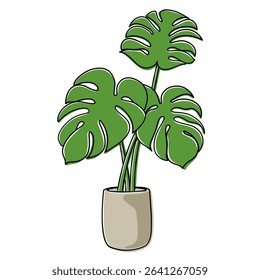 Cartoon vector illustration of Monstera plant in a pot. Perfect for interior decor, botanical design, and houseplant-themed content