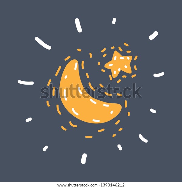 Cartoon\
vector illustration of Moon and star icon on dark night background.\
Funny hand drawn picture. Object on\
isolated.