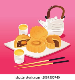 A cartoon vector illustration of mooncakes on a plate and tea on a pink background.