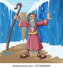 Cartoon vector illustration of Moses parting the Red sea