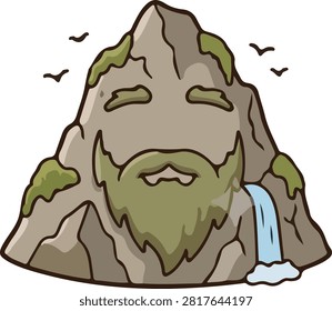 Cartoon vector illustration of a mossy stone mountain shaped like a sleeping old man rock giant with a flowing waterfall stream. Creative fantasy landform design isolated on white
