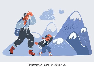 Cartoon vector illustration of Mother And Daughter Hiking on mounting landscape