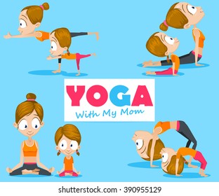 Cartoon vector illustration of mother and daughter practicing yoga poses on blue background