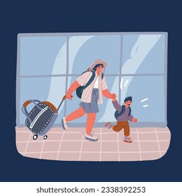 Cartoon vector illustration of Mother and father going for trip. Parent and child traveling together on summer vacation and holiday. Airport check in over dark