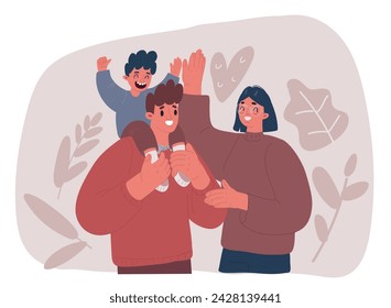 Cartoon vector illustration of Mother, father, daughter, son kids walking in summer countryside park with trees, squirrel. Happy child cartoon character sitting on dad shoulders.