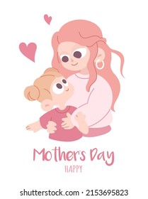 Cartoon Vector Illustration Of Mother Holding Baby girl In Arms. Happy Mothers Day Greeting Card. On a white background in pink colors