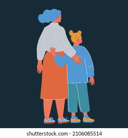 Cartoon vector illustration of a Mother hug Her Daughter. Rear view on dark background.