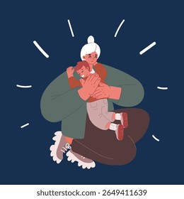Cartoon vector illustration of mother hugging her son over dark background