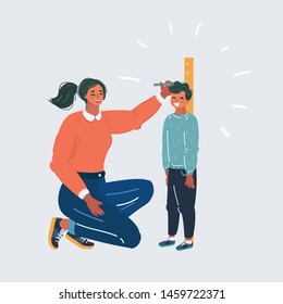 Cartoon vector illustration of Mother measuring her son's height against wall. Human character on white backgound.