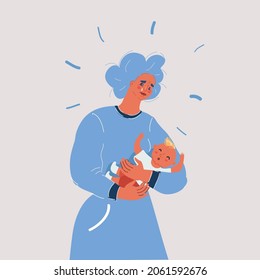 Cartoon vector illustration of Mother with sad expression holding newborn