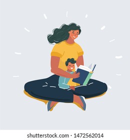 Cartoon vector illustration of Mother and Son sit and reading book together. Human character on white.