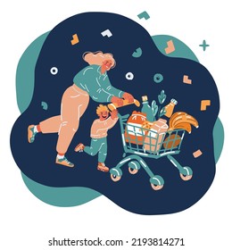 Cartoon vector illustration of mother and son in supermarket with trolley full of food over dark backround