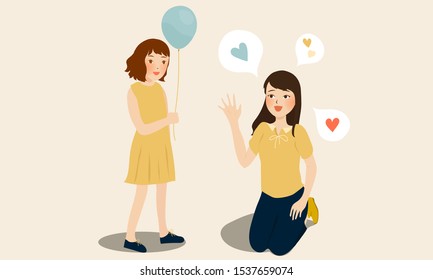 cartoon vector illustration of mother talking to child with balloon