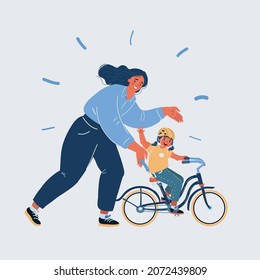 Cartoon vector illustration of Mother teaching girl to ride the bike on white background.