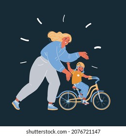 Cartoon vector illustration of Mother teaching girl to ride the bike on dark background.