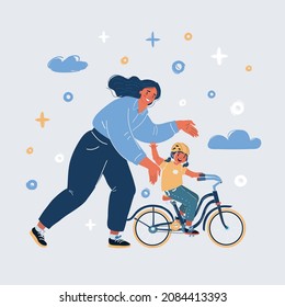 Dibujo vectorial de la madre enseñando a la niña a montar en bicicleta por primera vez. Las mujeres ayudan a montar a su hija.