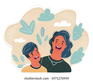 Cartoon vector illustration of mother told joke to her son.