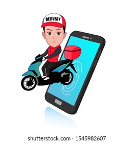 cartoon vector illustration of a motorbike driver who is a messenger from the smartphone screen. Overview of application assistance for online shopping services. isolated with a white background.