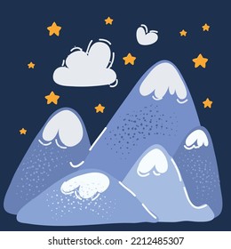 Dibujo vectorial de dibujos animados de un pico de montaña. Plano de escalada. Alto destino, logro y símbolo de éxito sobre fondo oscuro