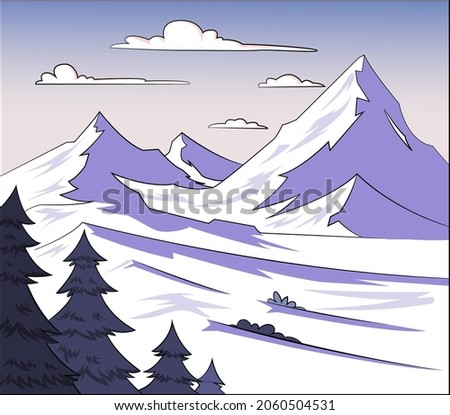 Cartoon vector illustration of a mountain snow scene