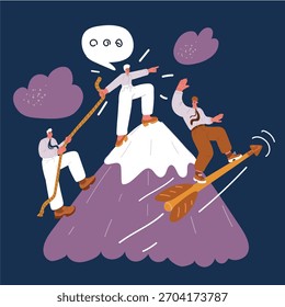 Cartoon, Vektorgrafik der Bergspitze. Überwindung von Schwierigkeiten. Klettern auf die wachsenden Geschäftsleute. Geschäftsabschluss. Mitbewerber fliegt auf Pfeil zum Ziel auf dunklem Hintergrund.