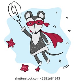 Cartoon vector illustration.  Mouse -  Superhero on blue background. Super mom. Flying superhero mother. 