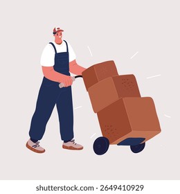 Cartoon vector illustration of Mover Hand In Uniform Carrying Cardboard Boxes stack