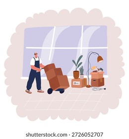 Ilustración vectorial de dibujos animados de mudarse a un nuevo hogar. Hombre en movimiento con las cajas de cartón en la casa nueva en el día de mudanza.
