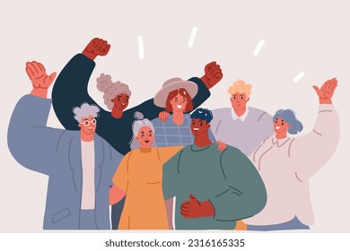 Cartoon vector illustration of Multicultural team together. Unity in diversity. People of different nationalities and religions cartoon characters. Multinational society. Teamwork, cooperation.
